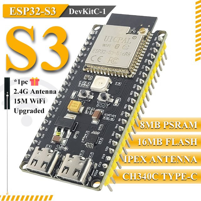 ESP32-S3-DevKitC-1 Entwicklungsboard mit 16 MB Flash, 8 MB PSRAM, Bluetooth 2.4G, WiFi und USB-C Anschluss, N16R8 Modell in Schwarz - Bild 1