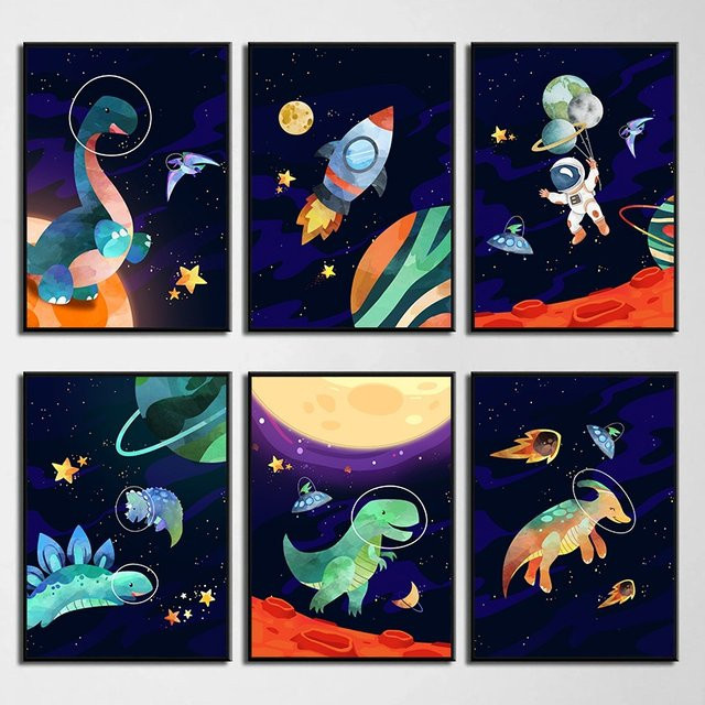 Potdemiel Wandkunst Bild mit Astronauten, Raketen und Dinosauriern als Cartoon Illustration für das Kinderzimmer, Mehrfarbig - Bild 1