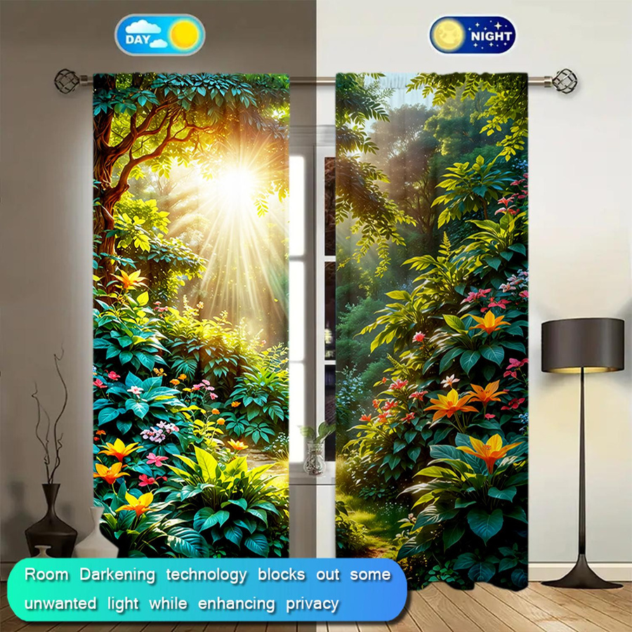 Tonnika Chen Vorhang-Set mit Pflanzenwald-Druck in Multicolor, 2 Stück aus Polyester mit Stangentasche, B: 100 cm, H: 70 cm - Bild 3