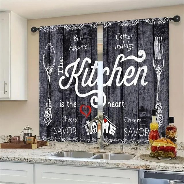Yiran Furniture Vorhang Set mit Gabel Löffel Messer Motiv in Schwarz, 2er Pack, B: 70 cm, H: 165 cm - Bild 1
