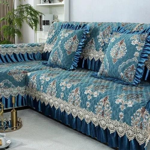 BC-Warm Home Universal-Sofabezug mit großem Rock im europäischen Stil, rutschfeste Sofamatte aus Baumwolle und Leinen mit floralem Jacquard-Muster, Blau, B/T/H: 240 x 90 x 18 cm - Bild 1