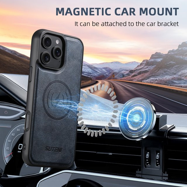 SUTENI Frosted Feel Kunstleder Magnet Wireless Charging Handyhülle für iPhone 17 Pro Max 16 Plus 15 Pro 14 13 12 in Schwarz - Bild 1