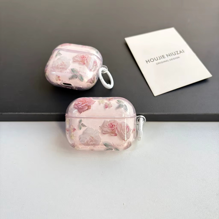 Stoßfeste Schutzhülle für AirPods 1, 2, 3, 4 und Pro 2 mit Haken in Rosa Transparent im Vintage Art Design - Bild 5