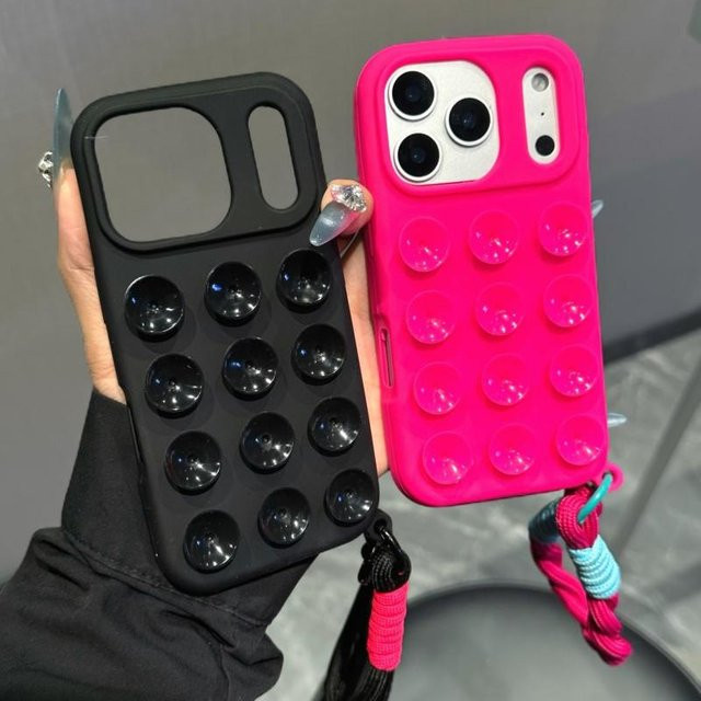 Silikon Handyhülle mit Saugnapf und Lanyard Riemen für Apple iPhone 16 17 15 14 Pro Max in Schwarz - Bild 1