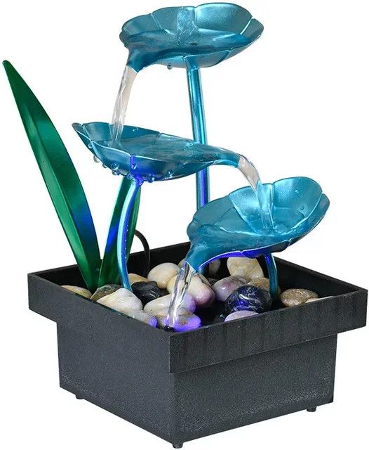 MINIDEAL Tischbrunnen für den Schreibtisch mit 3-stöckigem Wasserfall, blaues Lotusblatt und LED-Licht, USB-Betrieb - Bild 1