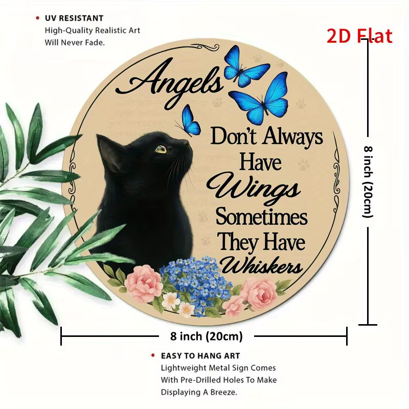 Rundes Metallschild Potdemiel Vintage Angel Cat mit blauen Schmetterlingen und floralem Design in Multicolour, Durchmesser: 20,0 cm - Bild 2