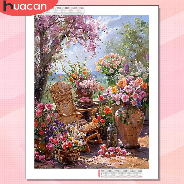 HUACAN Diamant-Malerei Garten-Landschaft mit Rosenblüten als Mosaik-Gemälde, Mehrfarbig, B/H: 30,0 x 20,0 cm - Bild 1