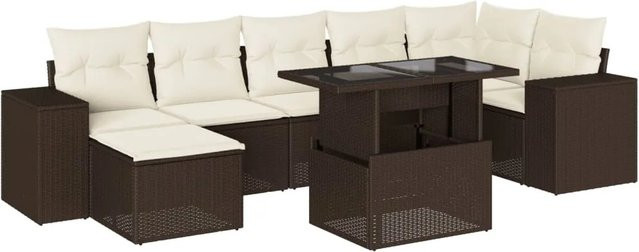 vidaXL 8-teilige Garten-Sofagarnitur in L-Form aus braunem PE-Rattan mit cremeweißen Kissen und pulverbeschichtetem Stahlgestell - Bild 1