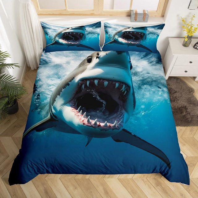 Haifisch Bettbezug Set mit 2 Kissenbezügen in Blau und Weiß, Nautisches Meeresleben Design aus Mikrofaser, B/H: 135 x 200 cm - Bild 1