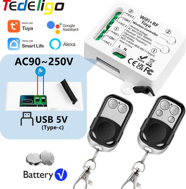 Tuya WLAN Smart Switch 2-Kanal Empfängerrelais in Weiß zur Steuerung von Licht und Garagenmotor, kompatibel mit Alexa und Google Home, AC 110V-220V - Bild 1