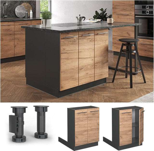 Vicco Küchenunterschrank Fame-Line für Kücheninseln in Anthrazit und Eiche mit 60 cm Breite und Softclose-Drehtüren - Bild 1
