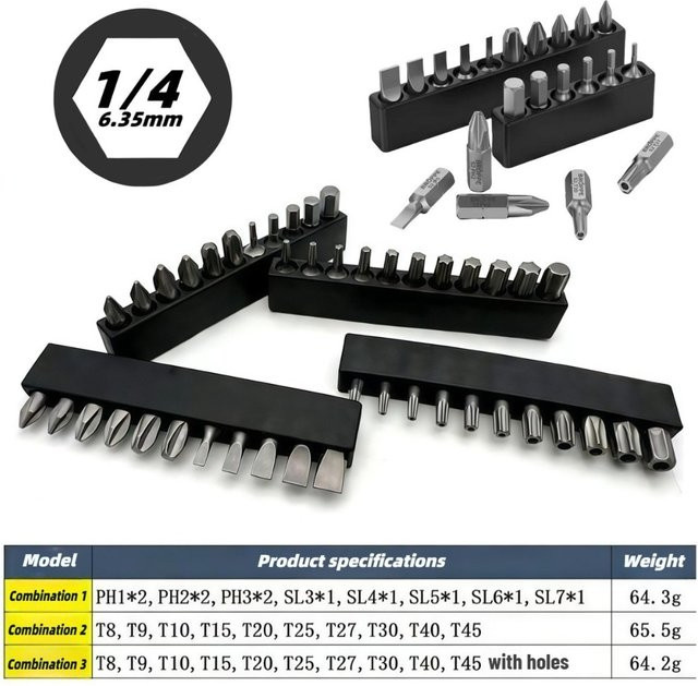Probon Schraubendreher-Bit-Set aus S2/CR-V in Schwarz mit Kreuz, Sechskant, Torx und Halter für elektrische Schraubendreher, 25 mm - Bild 1