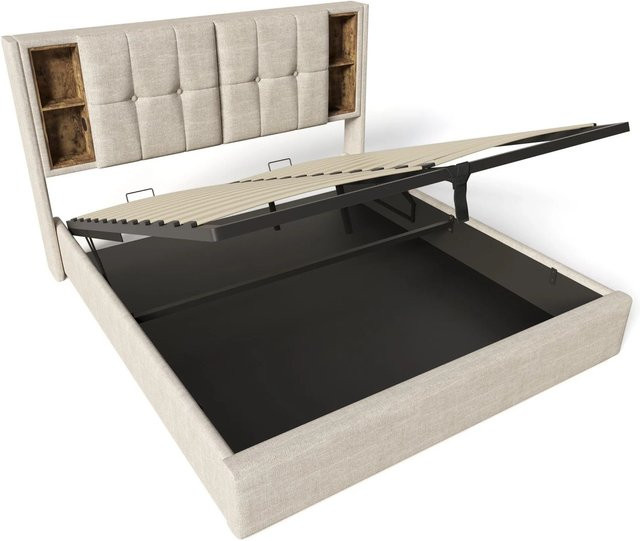 Merax Polsterbett mit Stauraum und USB-C Ladestation in Natur Leinen, B/T/H: 140 x 200 x 145 cm - Bild 1