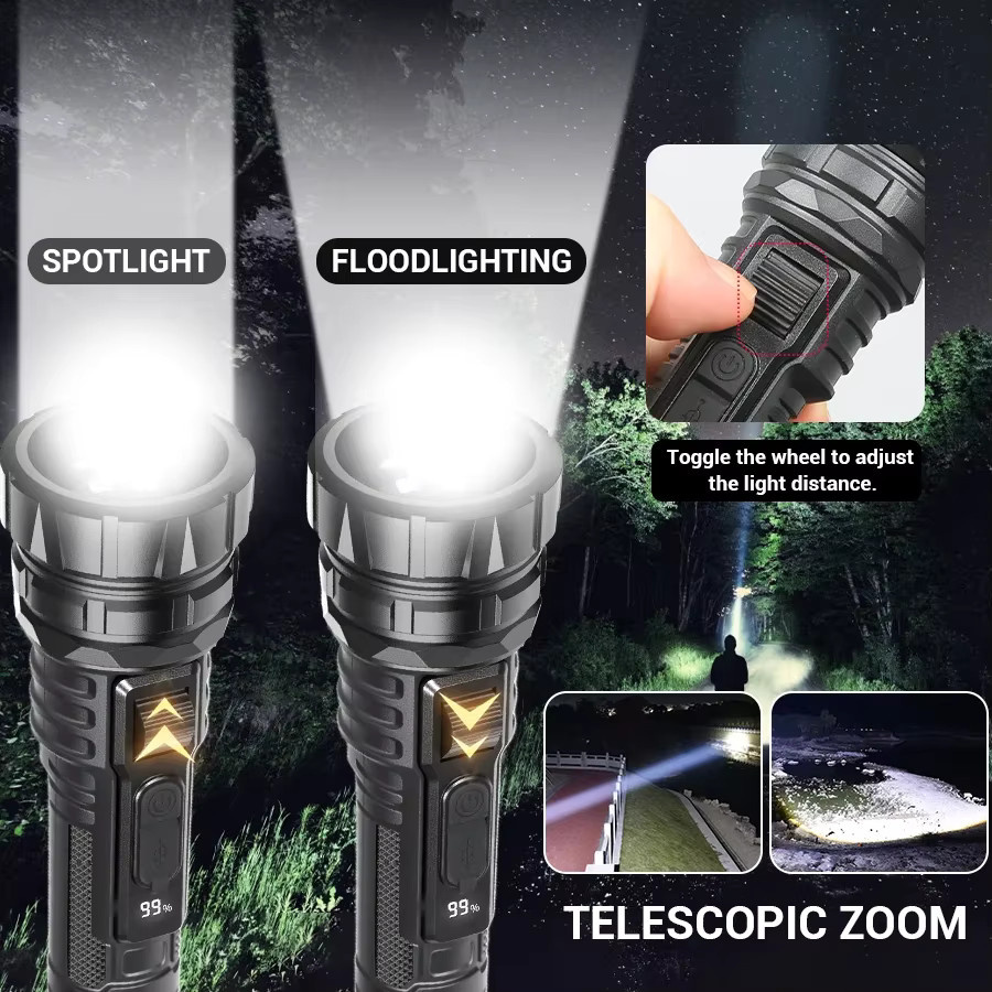 KDULIT Ultrahelle LED-Taschenlampe in Schwarz, wiederaufladbare taktische Lampe mit Zoom und 6 Modi für Outdoor, Camping und Notfälle - Bild 2