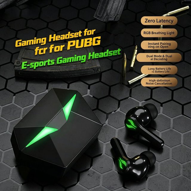 Dtobhars Bluetooth-Gaming-Ohrhörer in Schwarz mit niedriger Latenz, HiFi-Stereo und LED-Licht, wasserfeste In-Ear-Kopfhörer für Sport und Bass-Liebhaber - Bild 1