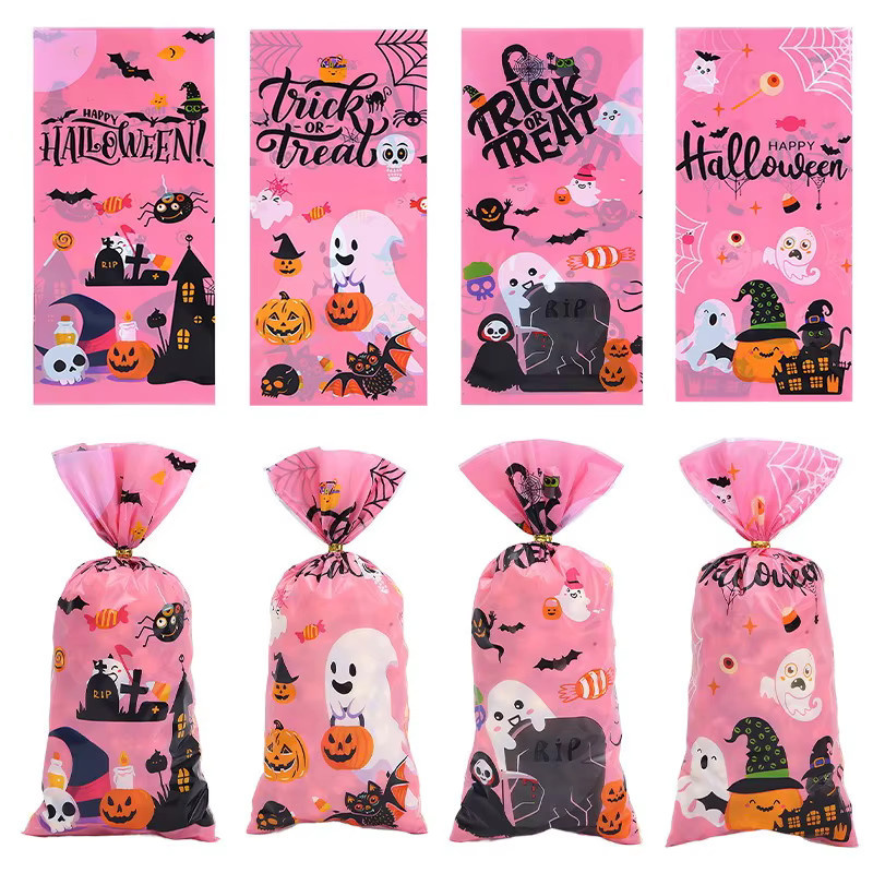 ZYF Halloween Süßigkeiten Taschen mit Reißverschluss in Rosa, Set mit 50 oder 100 Stück, Motiv Geist und Kürbis für Geschenke und Kekse - Bild 2