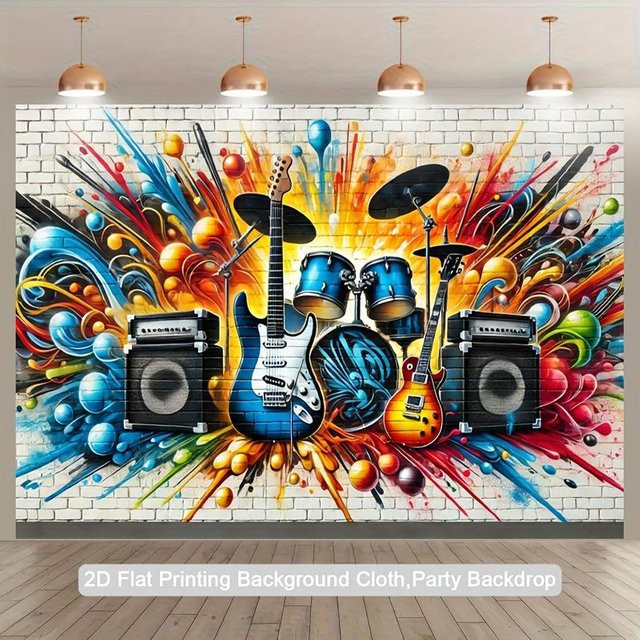 WZLD Wandteppich mit buntem Graffiti-Musikdesign, Gitarren und Schlagzeug, Mehrfarbig, Breite: 74 cm, Höhe: 94 cm - Bild 1