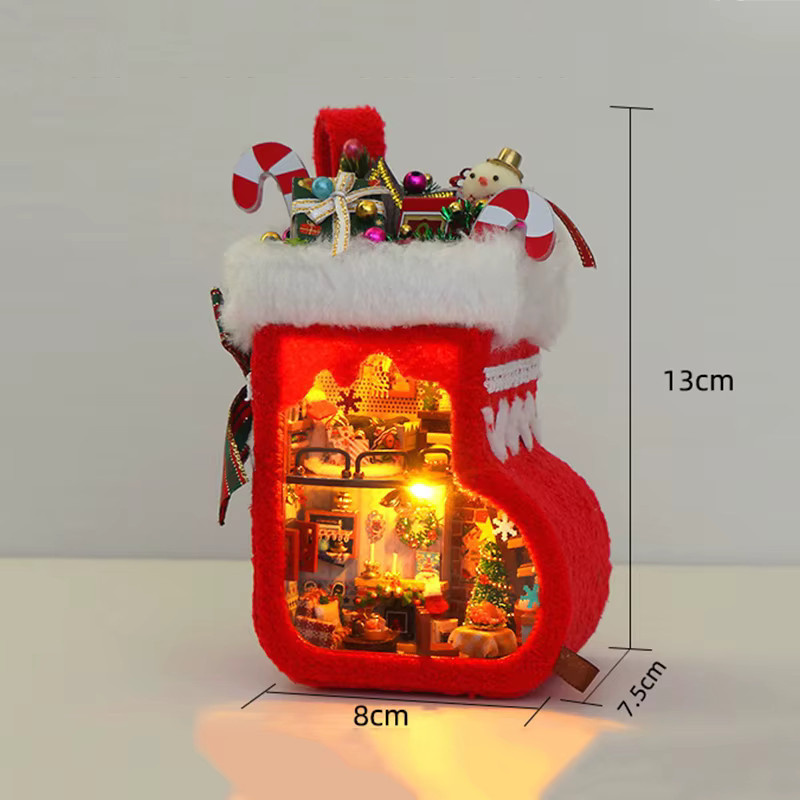 ELEVEN-CUTE DIY Holz Weihnachtsstrumpf, Miniatur Modellbausatz, mit LED-Leuchten - Bild 3
