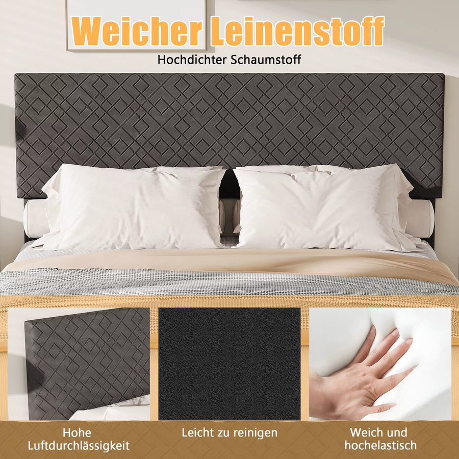 Comanlai Polsterbett Doppelbett mit Lattenrost aus Leinen, Grau, B/T/H: 140 x 200 cm - Bild 4