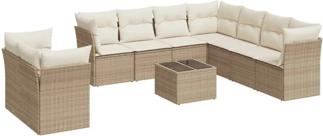 vidaXL 10-tlg Garten-Sofagarnitur in U-Form aus Polyrattan mit Kissen und Tisch in Beige - Bild 1