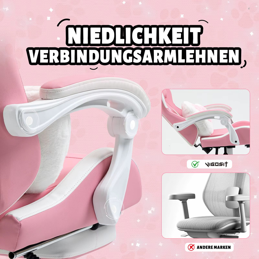 Vigosit Gaming Stuhl für Mädchen mit Ohren und Kawaii Kissen, ergonomischer Computer-Spielstuhl mit Lendenwirbelstütze in Blau oder Pink - Bild 2