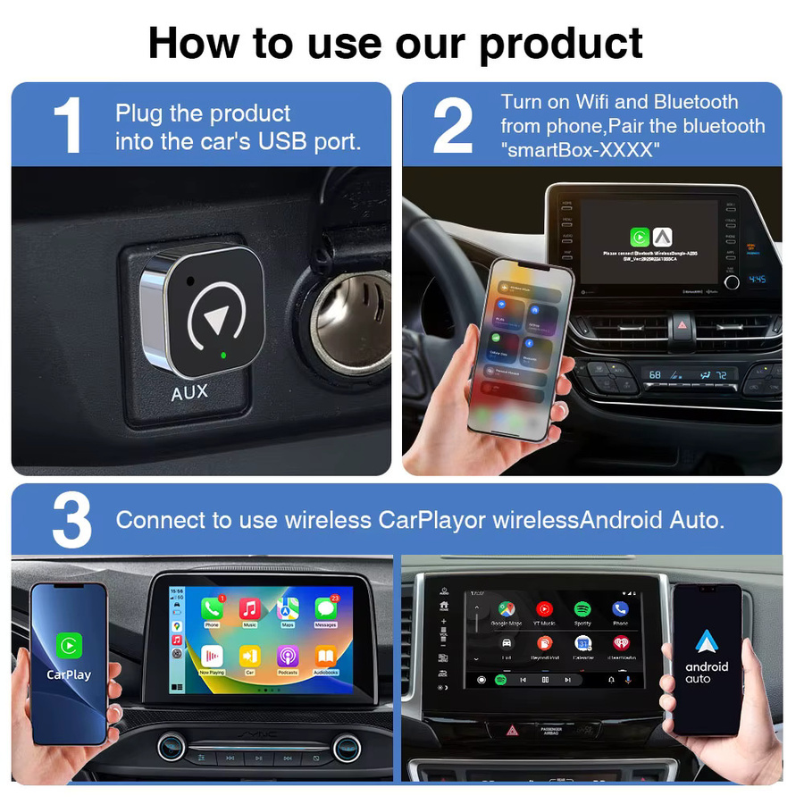 AKAMATE 2-in-1 CarPlay und Android Auto Adapter, kabelloser Bluetooth Dongle für das Original-Autoradio, Schwarz - Bild 5