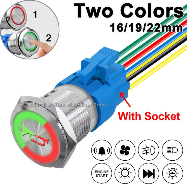 FENGYIELE Zweifarbiger Drucktastenschalter mit Sockel und LED-Licht, 12V, Wasserdichtes Metall-Start-Stopp-Schalter für Auto und Boot, Mehrfarbig - Bild 1