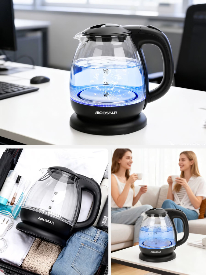 Aigostar Elfin Mini-Wasserkocher aus Borosilikatglas mit LED-Beleuchtung, 2200 W, 1 l, Schwarz - Bild 7