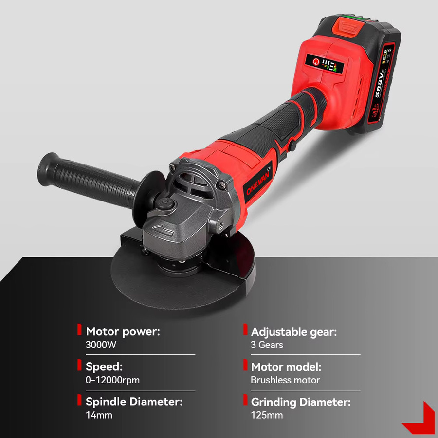 ONEVAN Bürstenloser elektrischer Winkelschleifer mit variabler Geschwindigkeit, 125 mm Schneidemaschine in Rot, kompatibel mit Makita LXT 18V Akku - Bild 2