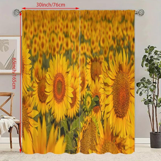 2er-Set Sonnenblumen Vorhang aus Polyester in Gelb, halbtransparentes Design mit floralem Muster für Wohnzimmer oder Schlafzimmer, Breite: 60 cm, Höhe: 150 cm - Bild 1