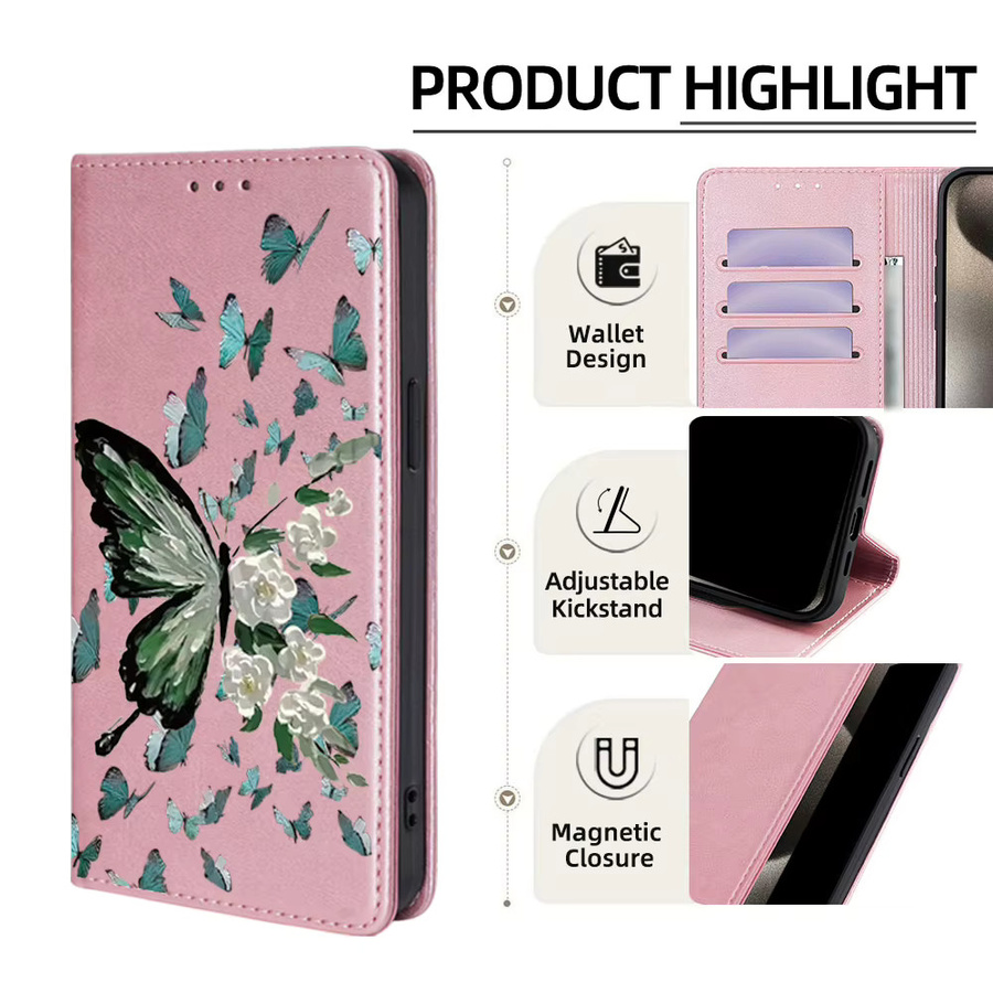 Leder Flip Case mit Schmetterlings-Motiven für Samsung Galaxy S25 Ultra S25 FE S24 S23 S22 Plus A17 A07 A56 A36 A26 Wallet Cover in Grün - Bild 2
