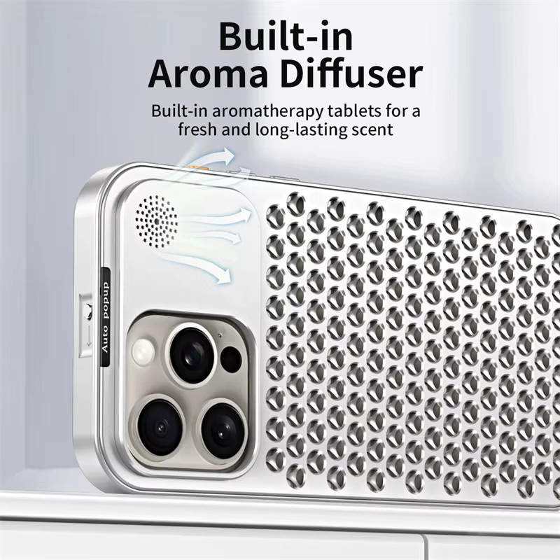 VYOPBC Aromatherapie Handyhülle aus Aluminiumlegierung mit Wärmeableitungs-Mesh für iPhone 17 Pro Max 16 15 14 13 12 Pro Max in Silber - Bild 2