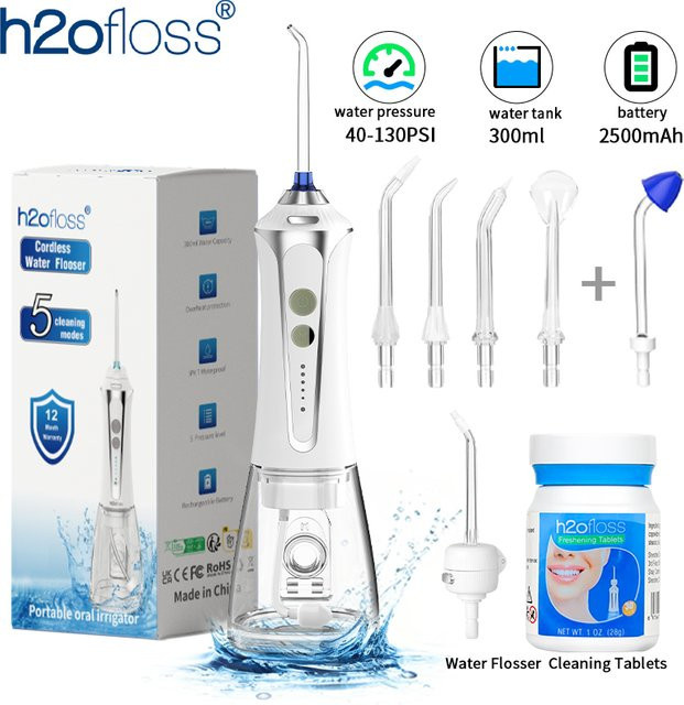 H2ofloss Wasserstrahlreiniger für die Zähne, tragbare Munddusche mit hohem Druck, Weiß - Bild 1