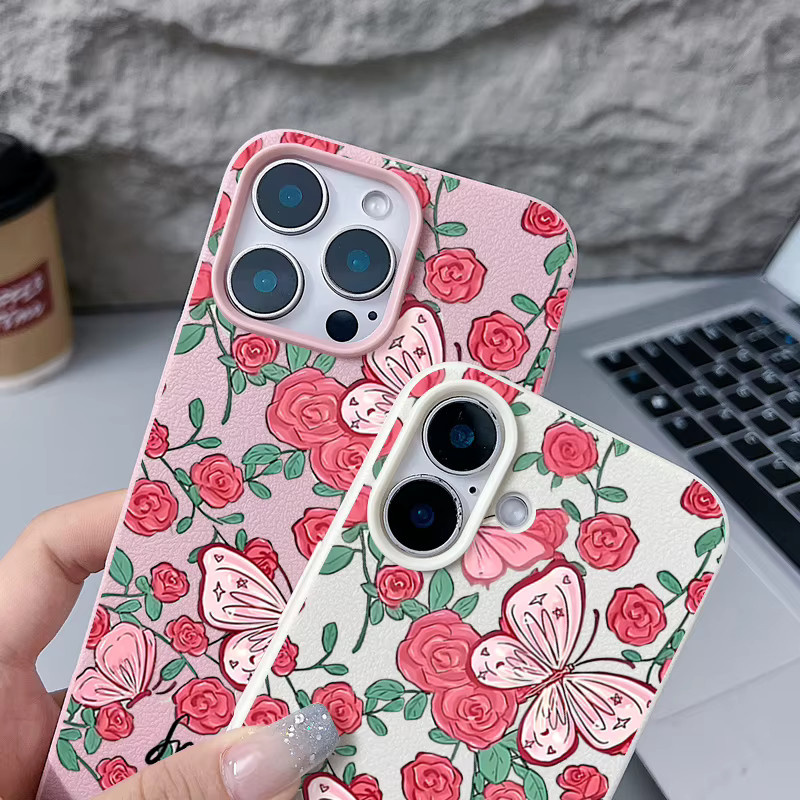 MOESOE Handyhülle mit romantischem Gartenmuster für iPhone 17 16 15 14 13 12 11 Pro Max in Grau und Multicolour, stoßfeste Lederstruktur aus TPU - Bild 3