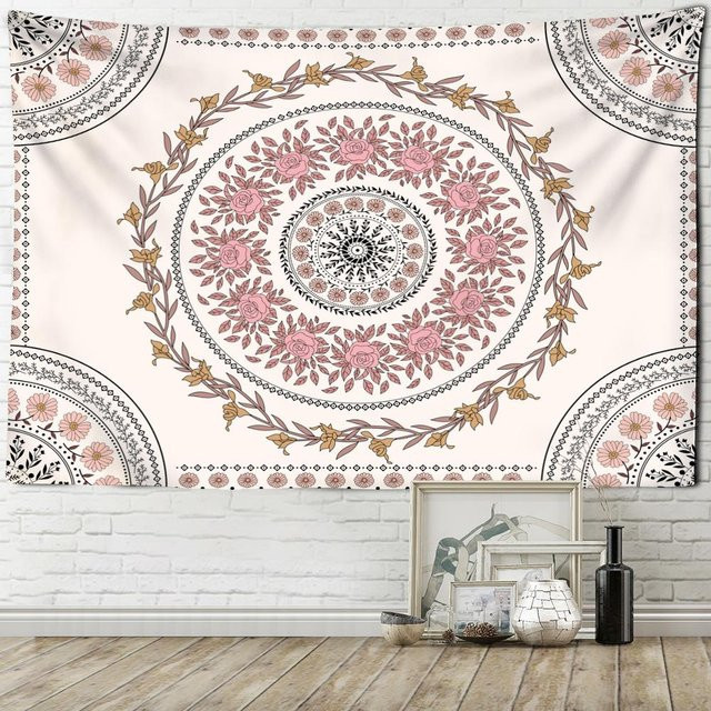 Super Six Mandala Wandteppich mit Blumenmuster in Rosa, Grau und Weiß, Boho Hippie Wandbehang, Breite: 95 cm, Höhe: 70 cm - Bild 1