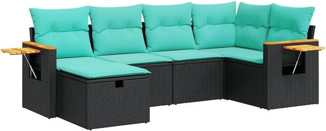 vidaXL 6-teilige Garten-Sofagarnitur in L-Form aus Polyrattan mit Kissen in Schwarz und Blau - Bild 1