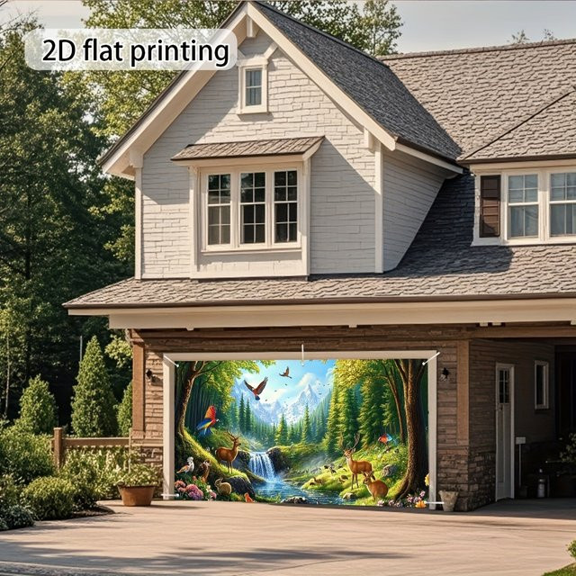 Fantasy Forest Animal Garagentor-Banner mit Hirsch, Vögeln und Schmetterlingen in Multicolour - Bild 1
