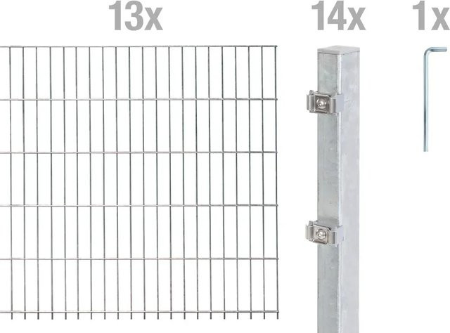 Metallzaun Grund-Set Doppelstabmatte aus Stahl, feuerverzinkt, Farbe: Silber, Höhe: 80 cm, Breite: 200 cm, Tiefe: 13 cm - Bild 1
