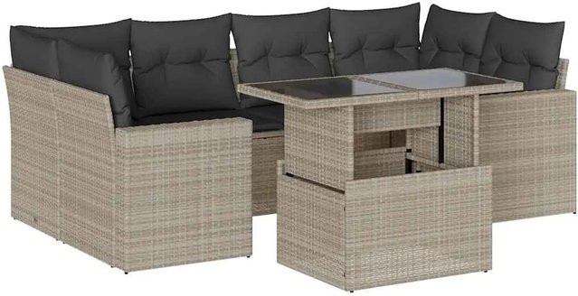 vidaXL 7-teilige Garten-Sofagarnitur aus Poly-Rattan mit Kissen in Hellgrau - Bild 1