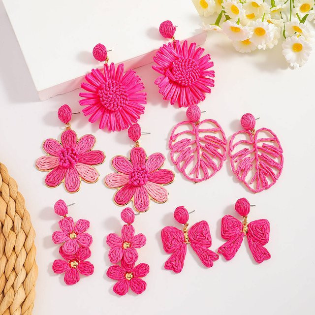 Ohrringe Raffia, rosa, Blumenblätter, Schleifendesigns - Bild 1