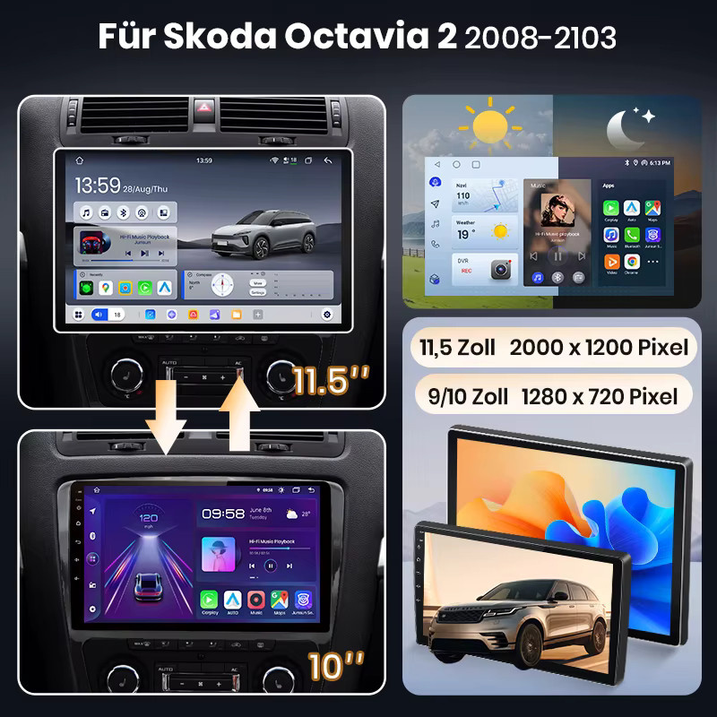 Junsun Android 15 Autoradio für Skoda Octavia 2 A5 2008-2013 mit 10 Zoll IPS-Bildschirm, kabelloses Apple CarPlay und Wi-Fi, Schwarz - Bild 2