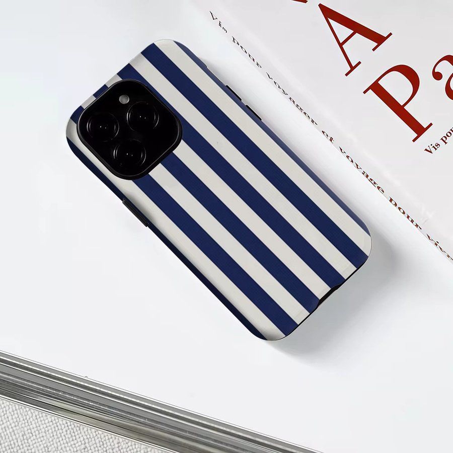 Robuste Handyhülle von Potdemiel mit marineblauen und weißen vertikalen Streifen für iPhone 17 16 15 14 13 Pro Max Plus, magnetische Doppelschicht-Schutzhülle - Bild 3