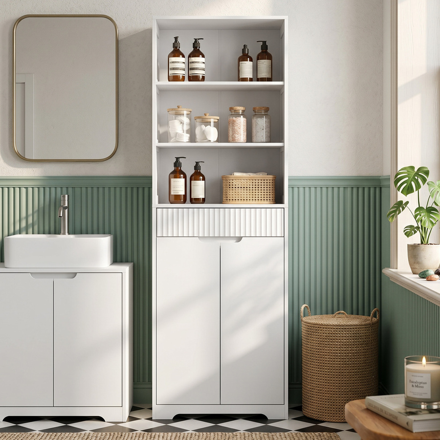 HOMCOM Badezimmerschrank in Weiß mit Soft-Close-Türen und offenen Regalen, B/T/H: 60 x 30 x 171 cm - Bild 2