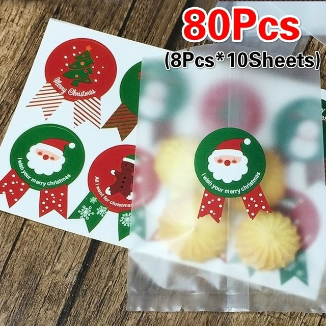 80er Set Weihnachts Aufkleber aus Papier in Mehrfarben für Geschenkverpackungen, Cookies und Süßigkeiten mit Motiven wie Weihnachtsbaum und Schneemann - Bild 1