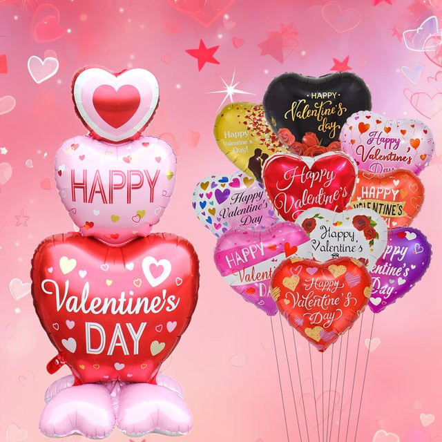 EACH PARTY Valentinstag Folienballons im Herz-zu-Herz-Design, 7er Set, Rot, Durchmesser: 45,72 cm - Bild 1