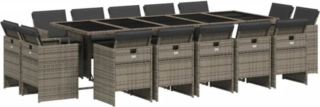 vidaXL 15-teilige Garten-Essgruppe aus Poly-Rattan mit Kissen in Grau und Hartglas-Tischplatte - Bild 1