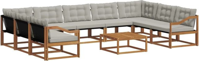 vidaXL Outdoor-Sofagarnitur aus Massivholz in L-Form mit Textilene und Kissen, 10-teiliges Set, Natur und Hellgrau - Bild 1