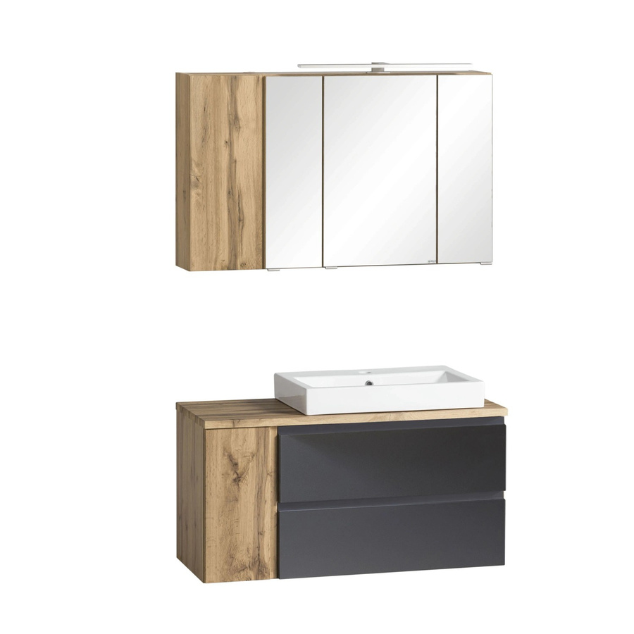 Held Möbel 2-tlg Waschtisch-Set Ancona modern in matt Grau-Wotaneiche mit Aufsatz-Keramikbecken und Spiegelschrank, Breite: 105 cm - Bild 2