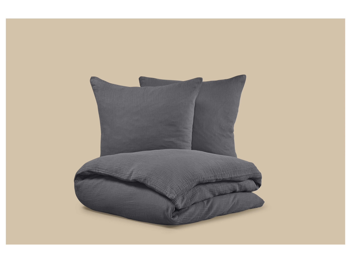 LIVARNO Musselin-Bettwäsche aus Baumwolle in Grau, Set bestehend aus Bettbezug und Kissenbezug, B/H: 200 x 220 cm, Kissenbezug: 80 x 80 cm - Bild 2