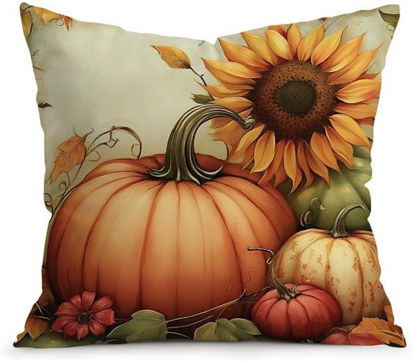 JMG Clothing Retro Kissenbezug Herbsternte mit Kürbis und Sonnenblumen, Orange, B/T: 45 x 45 cm - Bild 1